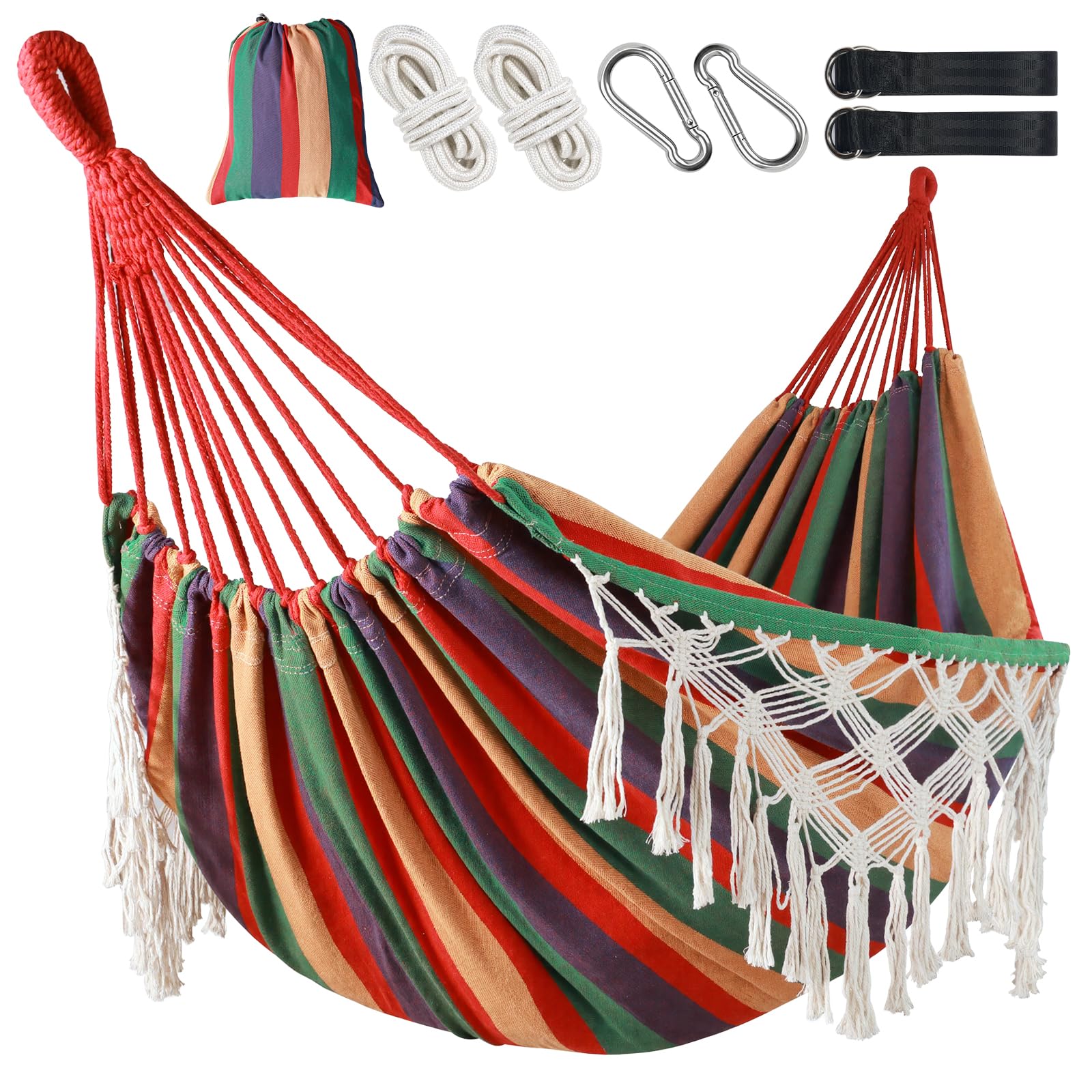 Posprica hammock front view showing full double bed and fringe for relaxed seating