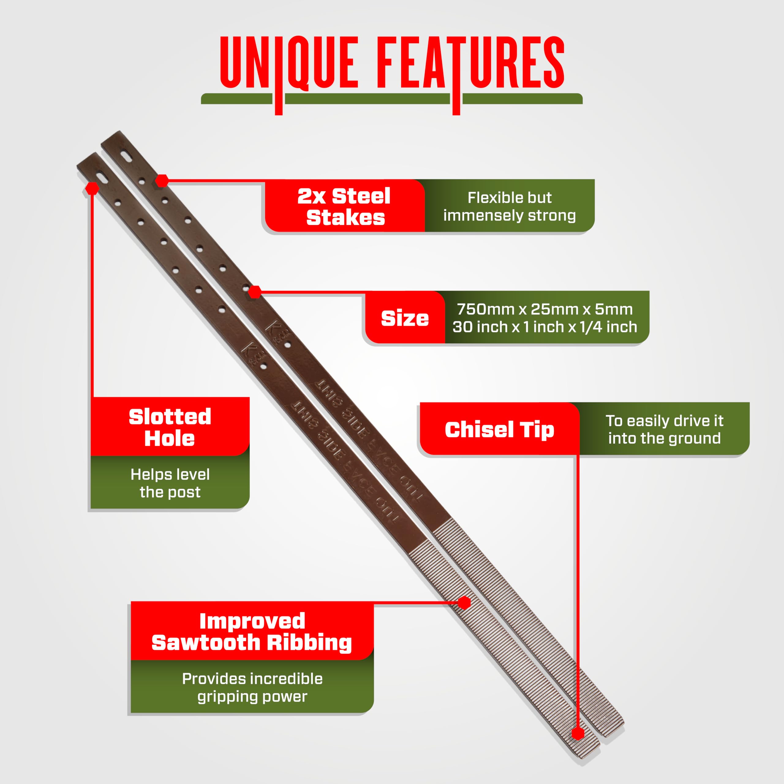 Post Buddy stakes next to hammer showing scale and easy installation