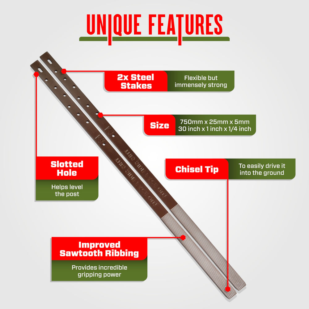 Post Buddy stakes next to hammer showing scale and easy installation