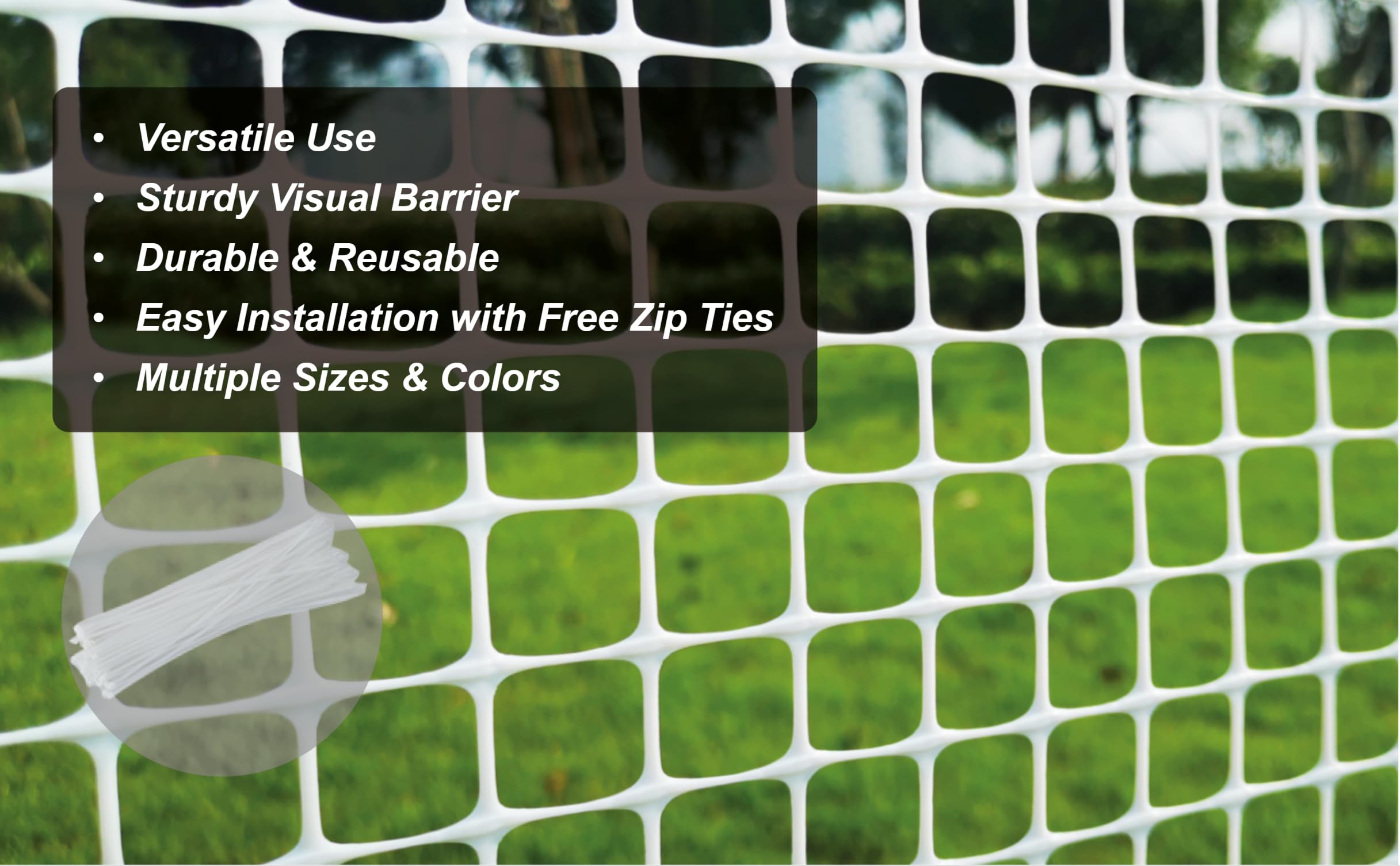 PotatoLife white fence mesh close-up highlighting 0.8 inch squares and durability benefit