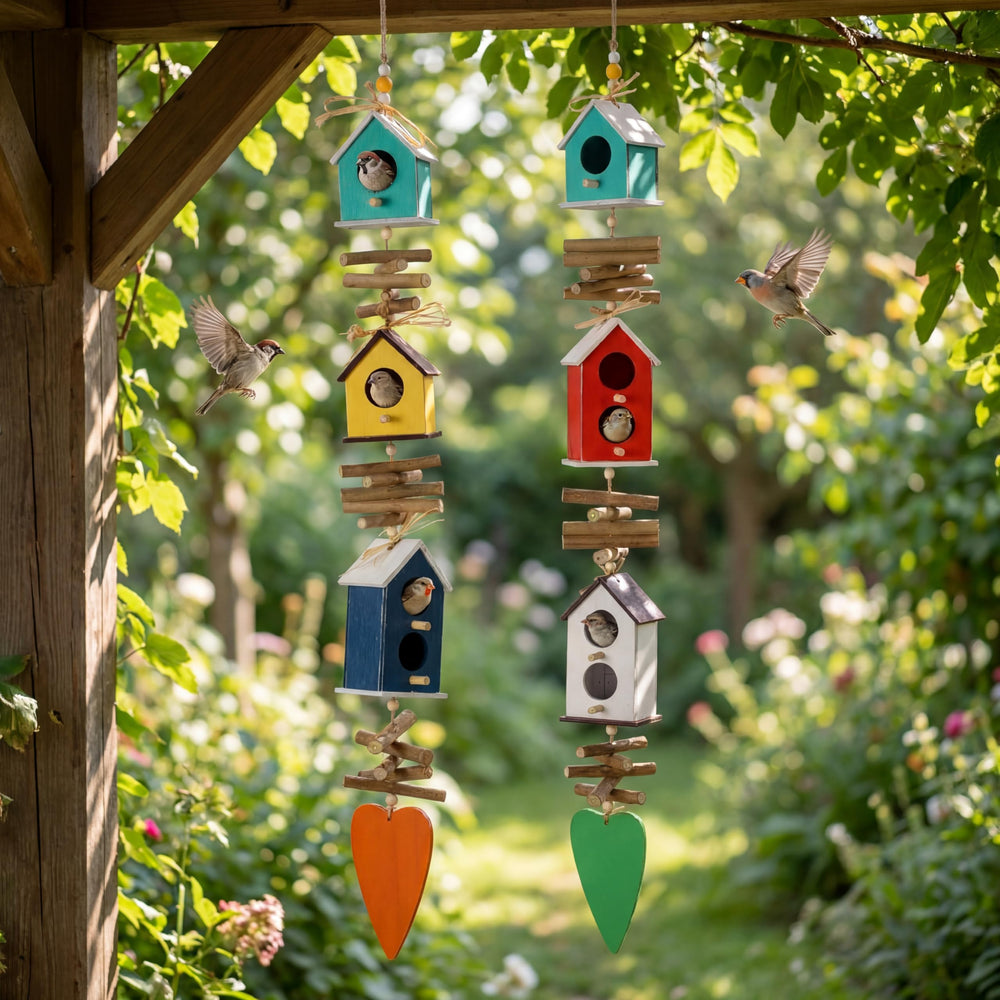 Potchen front view of two colorful hanging birdhouse feeders showing decorative appeal
