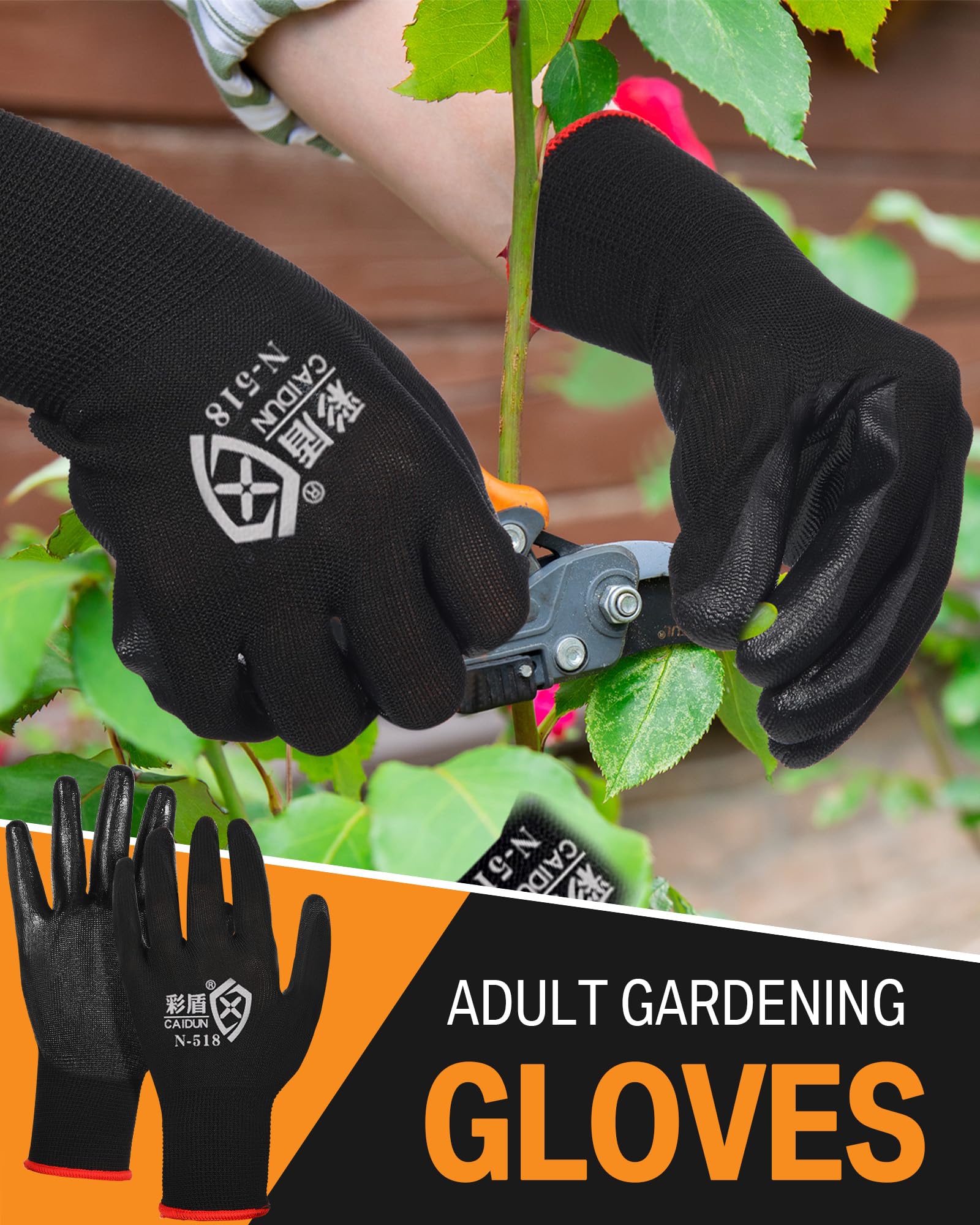 Potchen gloves worn pruning plants, hands protected and dexterous