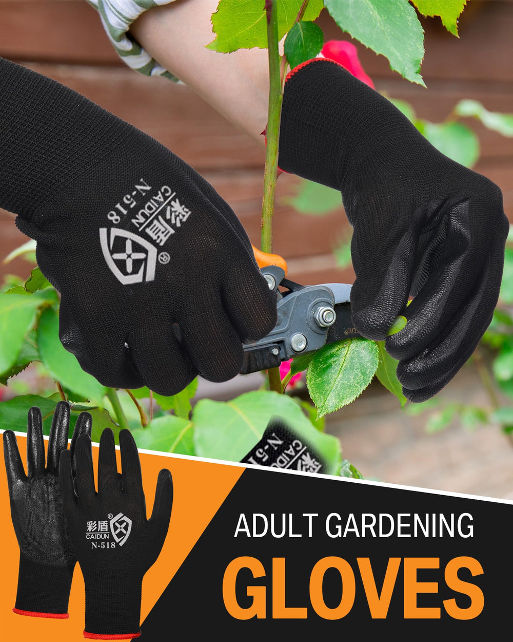 Potchen gloves worn pruning plants, hands protected and dexterous