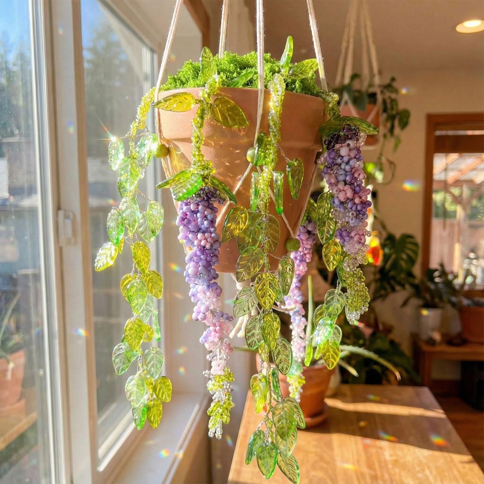 Potchen finished hanging beaded planter in a living room adding bright decor benefit