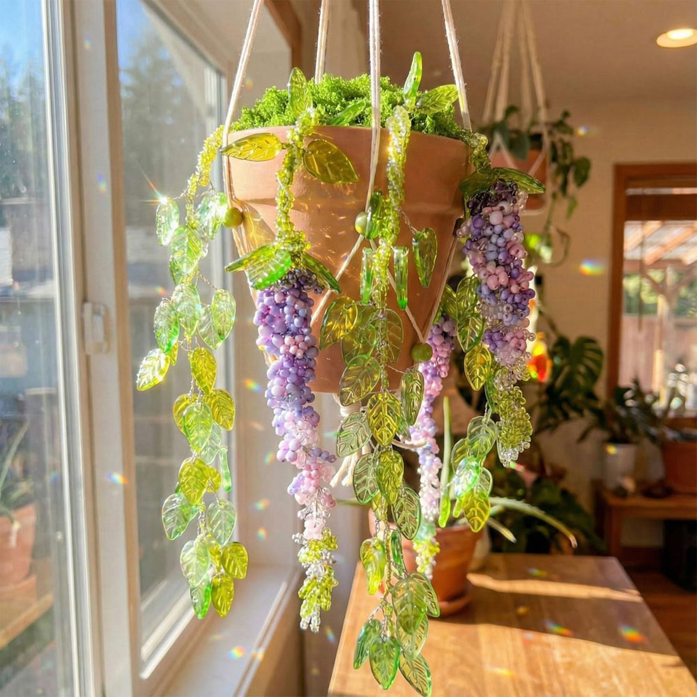 Potchen finished hanging beaded planter in a living room adding bright decor benefit