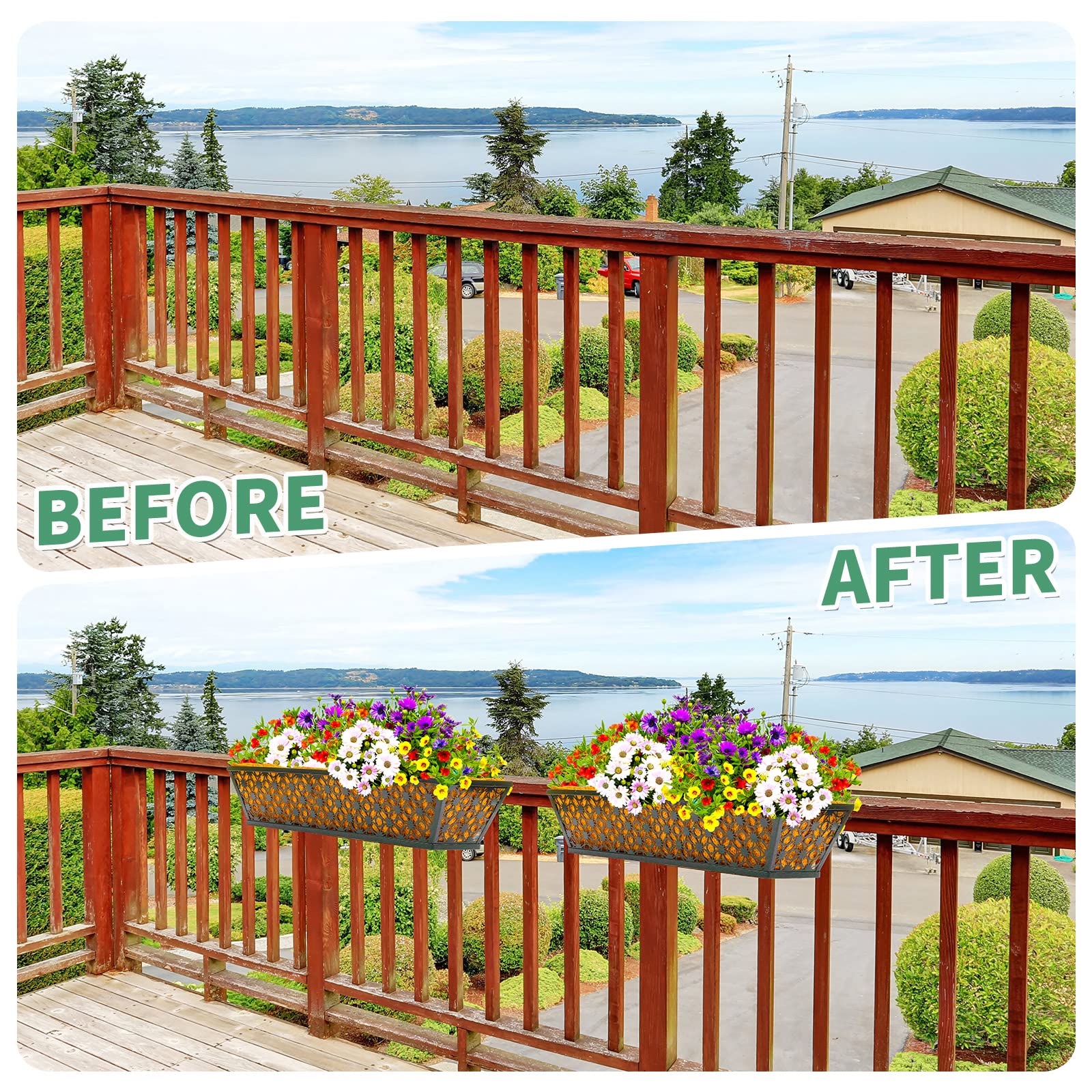 Potchen balcony lifestyle image with multiple planters creating a cohesive decorative garden railing display