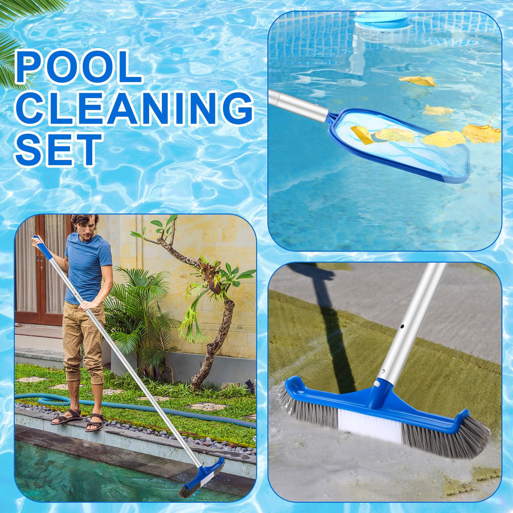 Potchen tools in use on pool surface collecting leaves and floating debris
