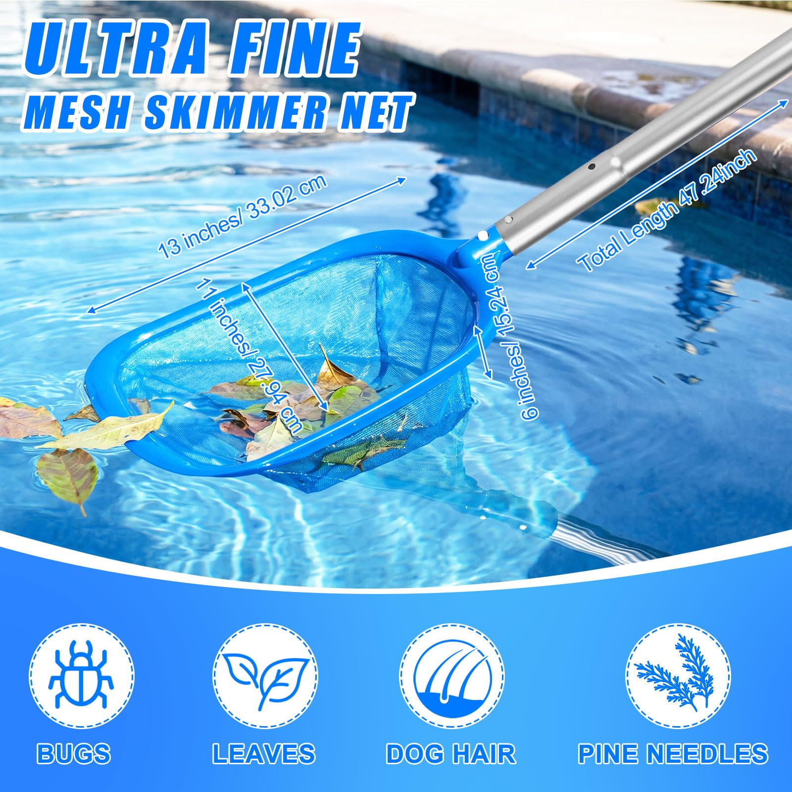 Potchen vacuum head connected to pole cleaning pool floor efficiently