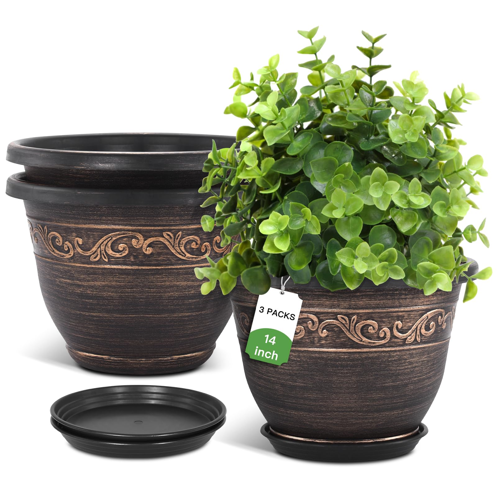 Pottiffe front view 14-inch planter showcasing decorative finish and versatile placement benefit