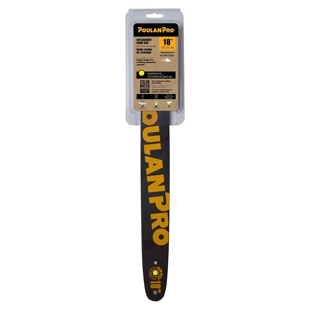 Poulan Pro guide bar front view showing fit and OEM branding for reliable replacement