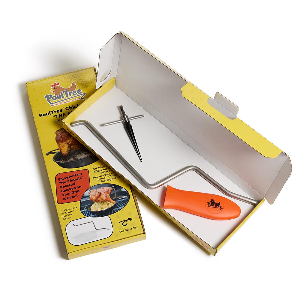 PoulTree rod with whole chicken mounted demonstrating elevated airflow benefit