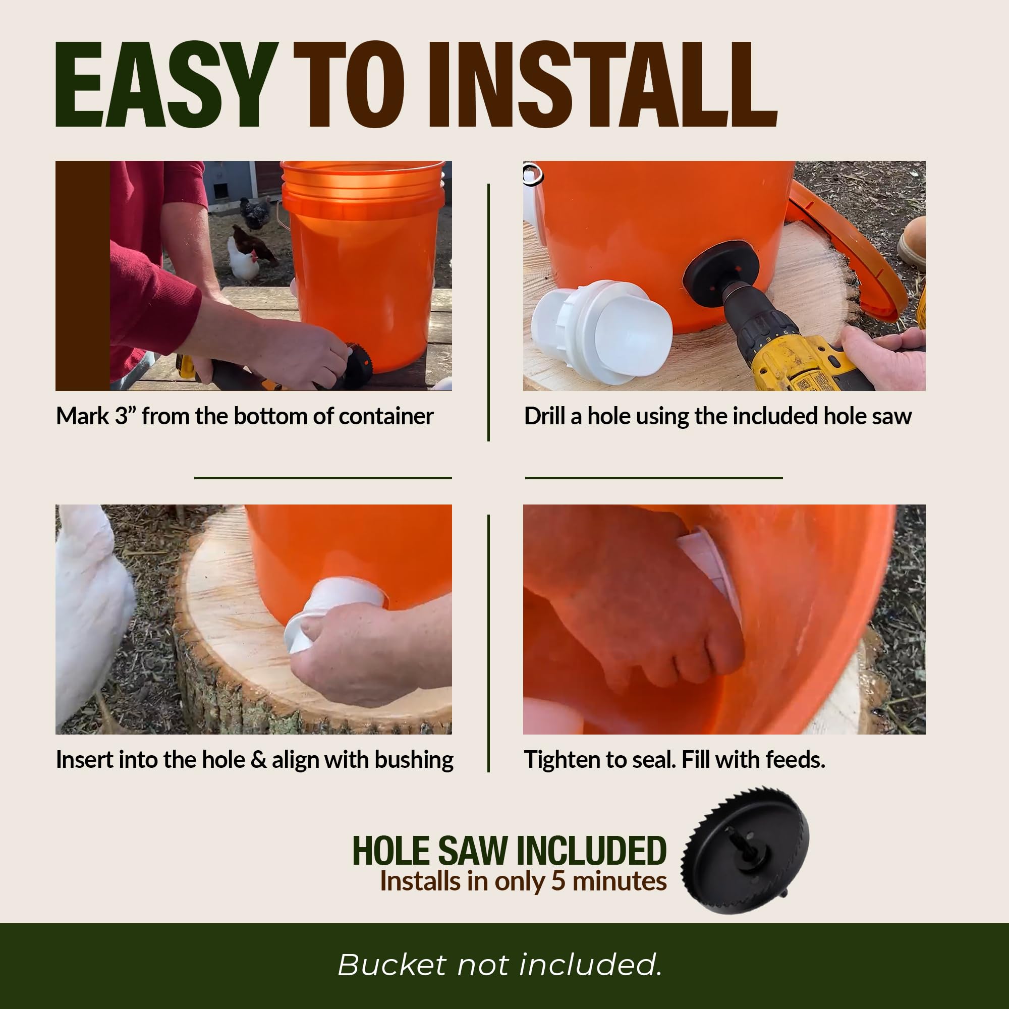 Poultry Pro hole saw cutting a plastic bucket for fast DIY installation
