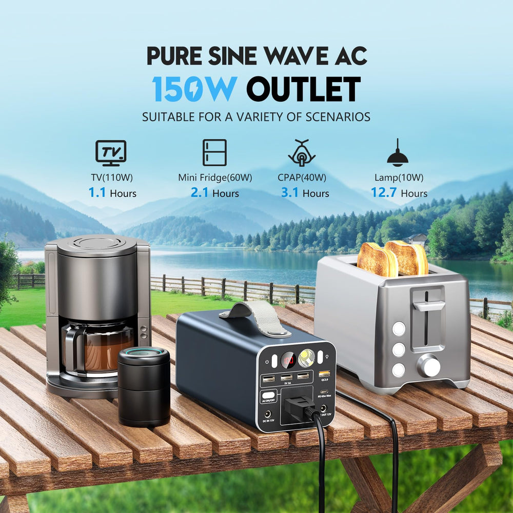 Powdeom 150W AC outlet closeup powering a small appliance safely