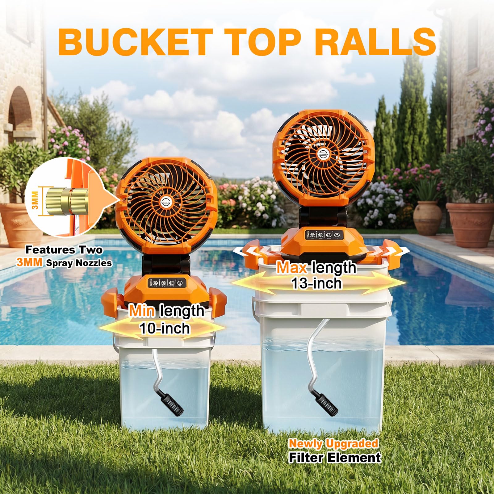Powdeom attached to common bucket, adjustable base for easy setup