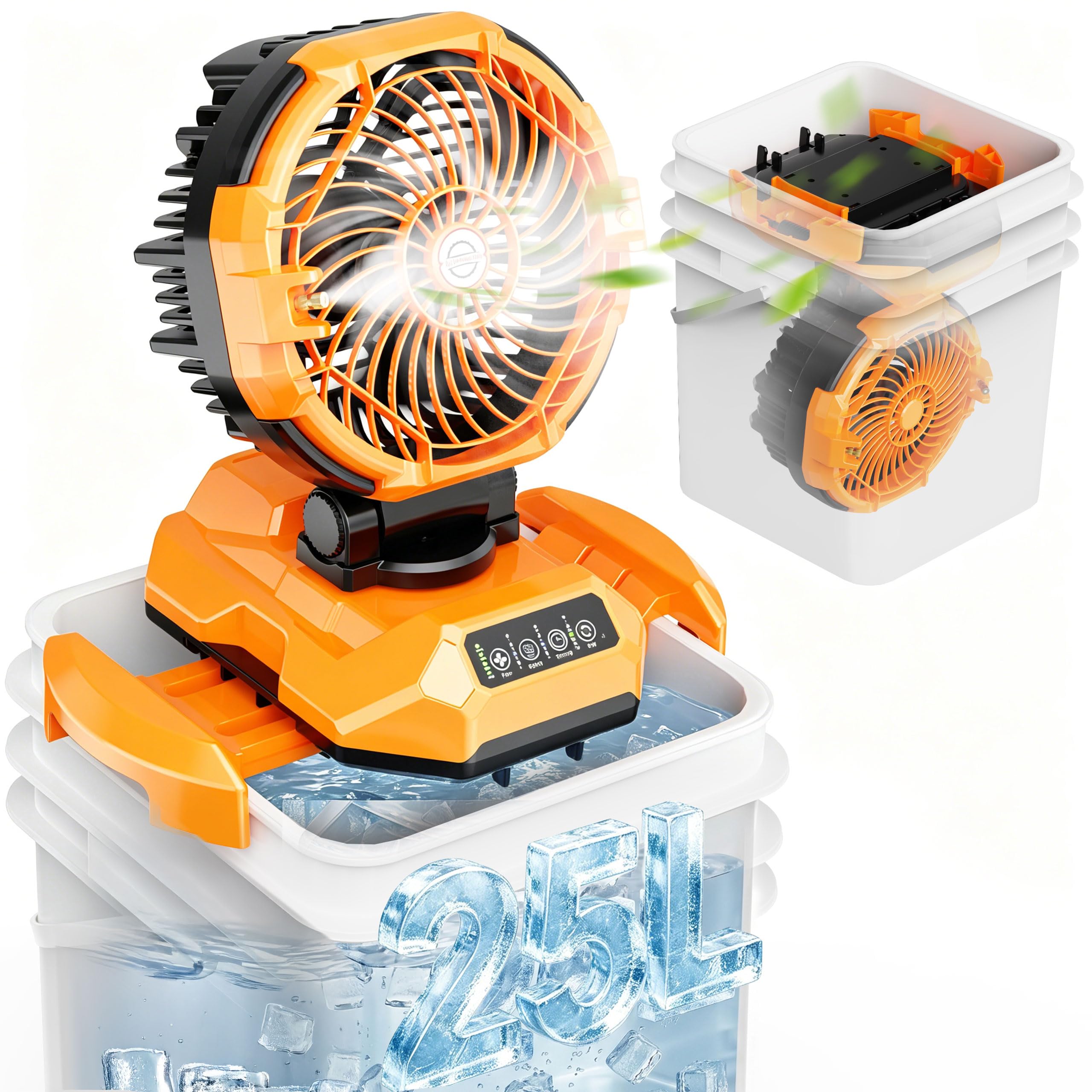 Powdeom front view showing fan and 25L tank, cooling large spaces