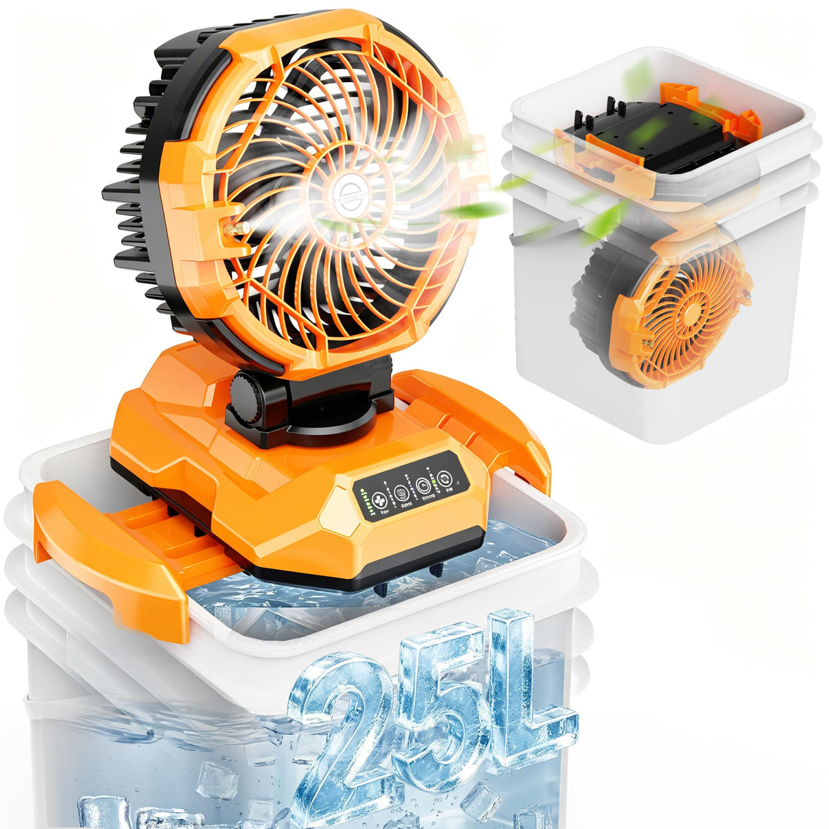 Powdeom front view showing fan and 25L tank, cooling large spaces