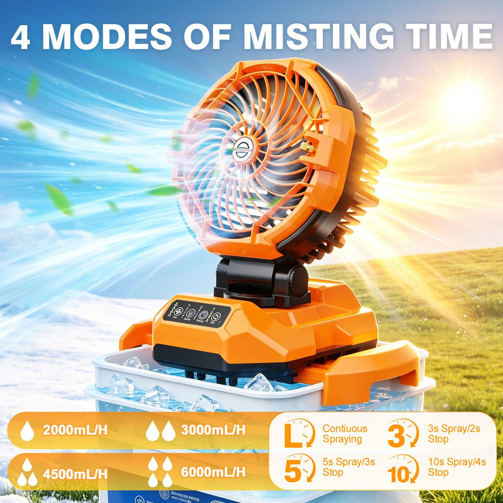 Powdeom misting fan in use at campsite, portable cooling without outlets