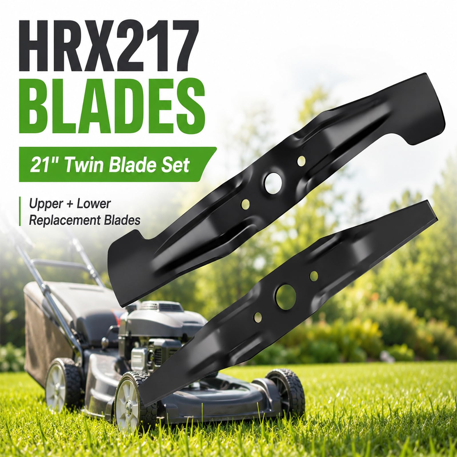Poweka HRX217 blades in use on a lawn mower during mowing showing improved mulching and cleaner lawn