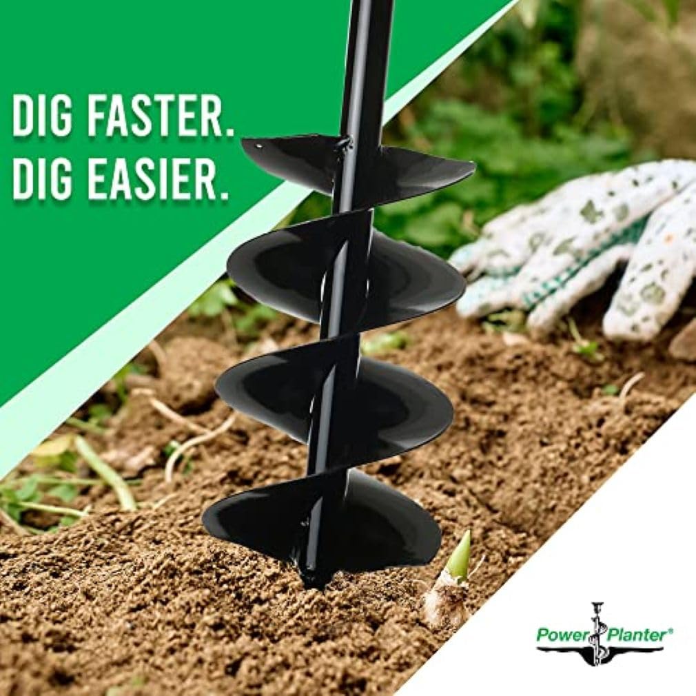 Power Planter auger attached to cordless drill digging hole for gallon plant, faster planting benefit