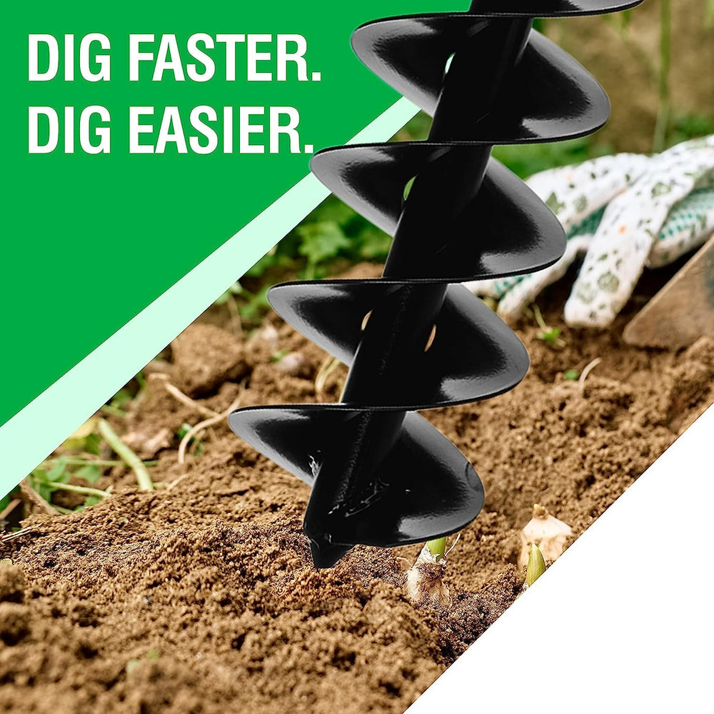 Power Planter auger attached to drill and drilling into garden soil reducing manual effort