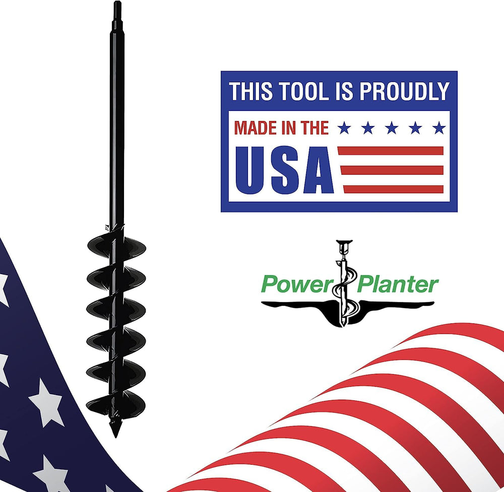 Power Planter auger beside 6-inch nursery pot illustrating correct hole size and ergonomic reach