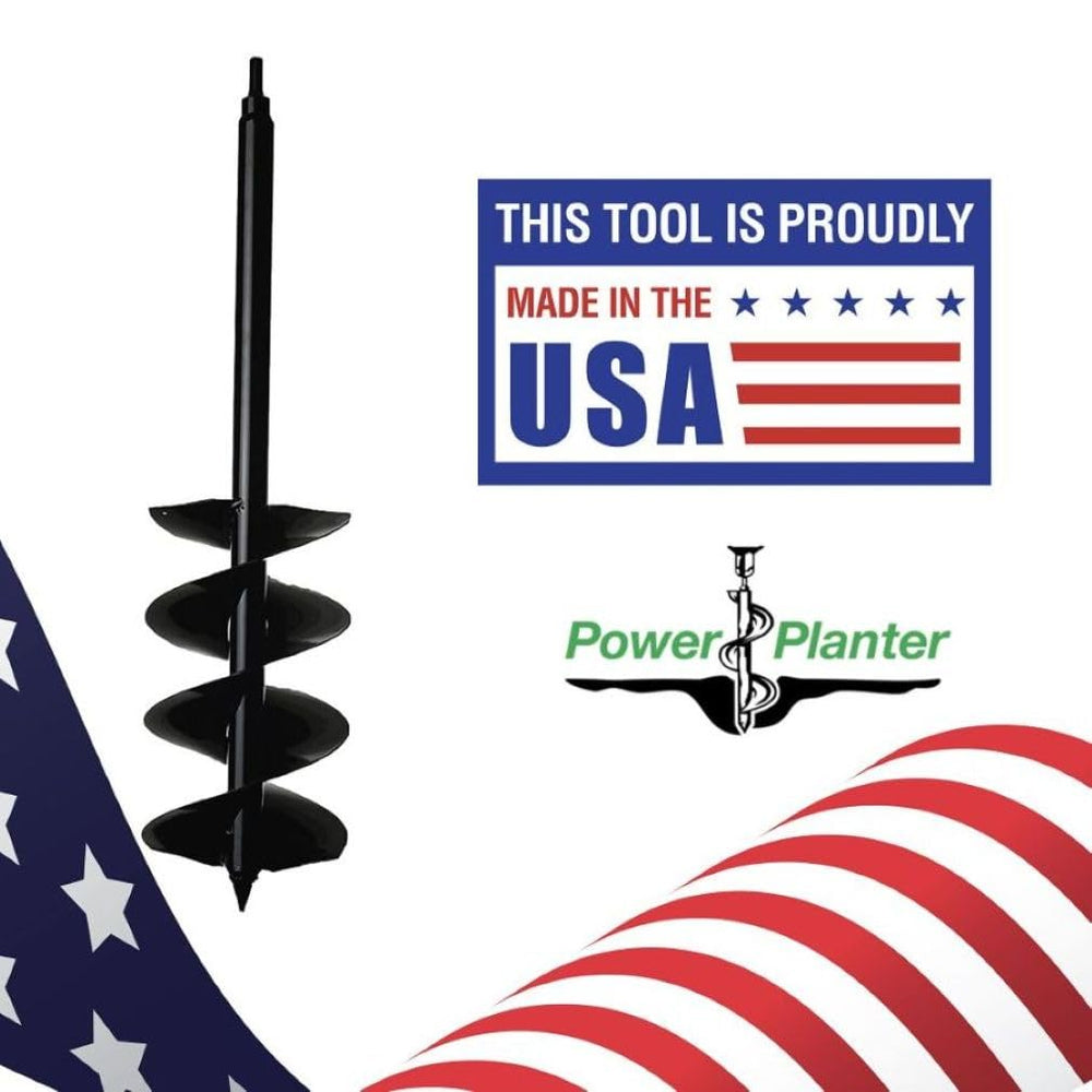 Power Planter auger beside shovel showing size and reach, saves time and effort benefit