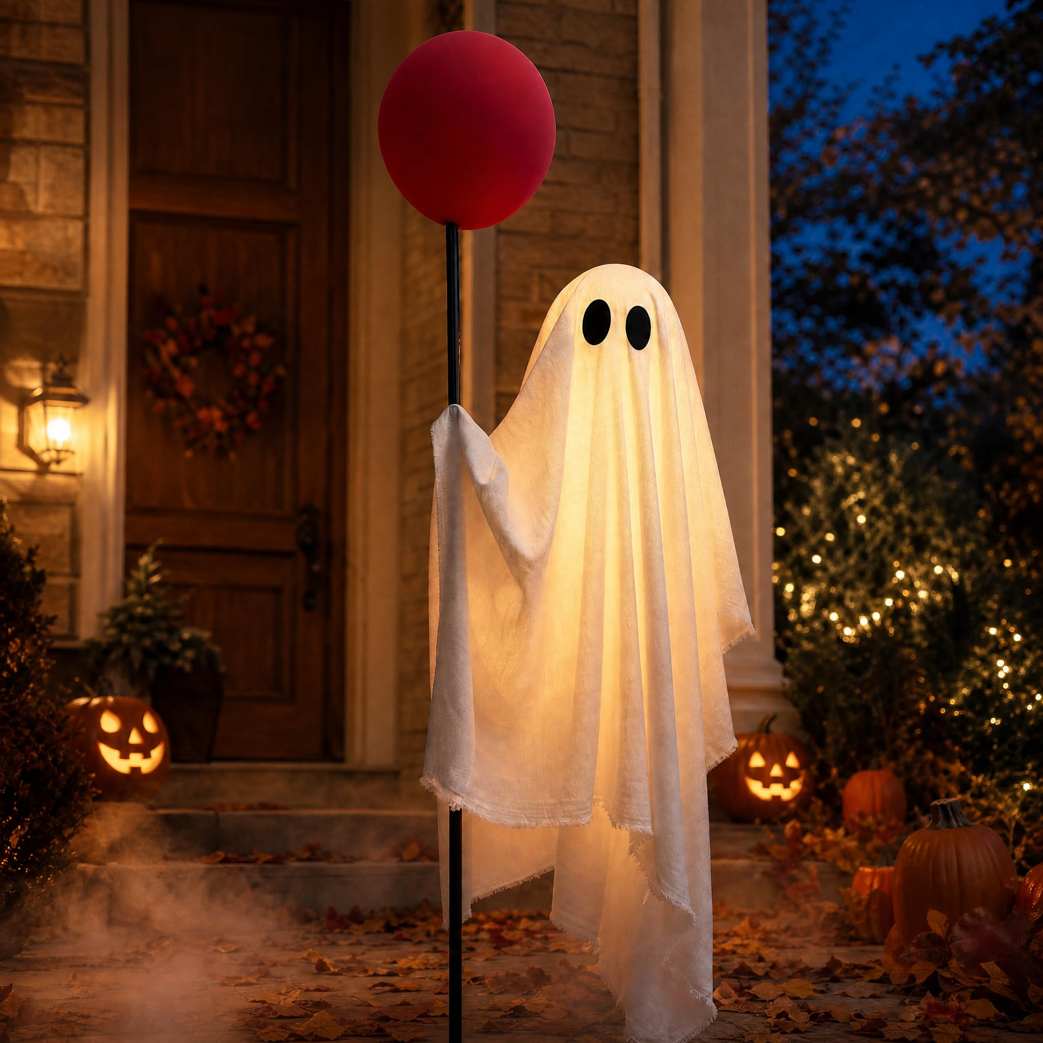 Power Your Lawn front porch ghost creating curb appeal with warm glow