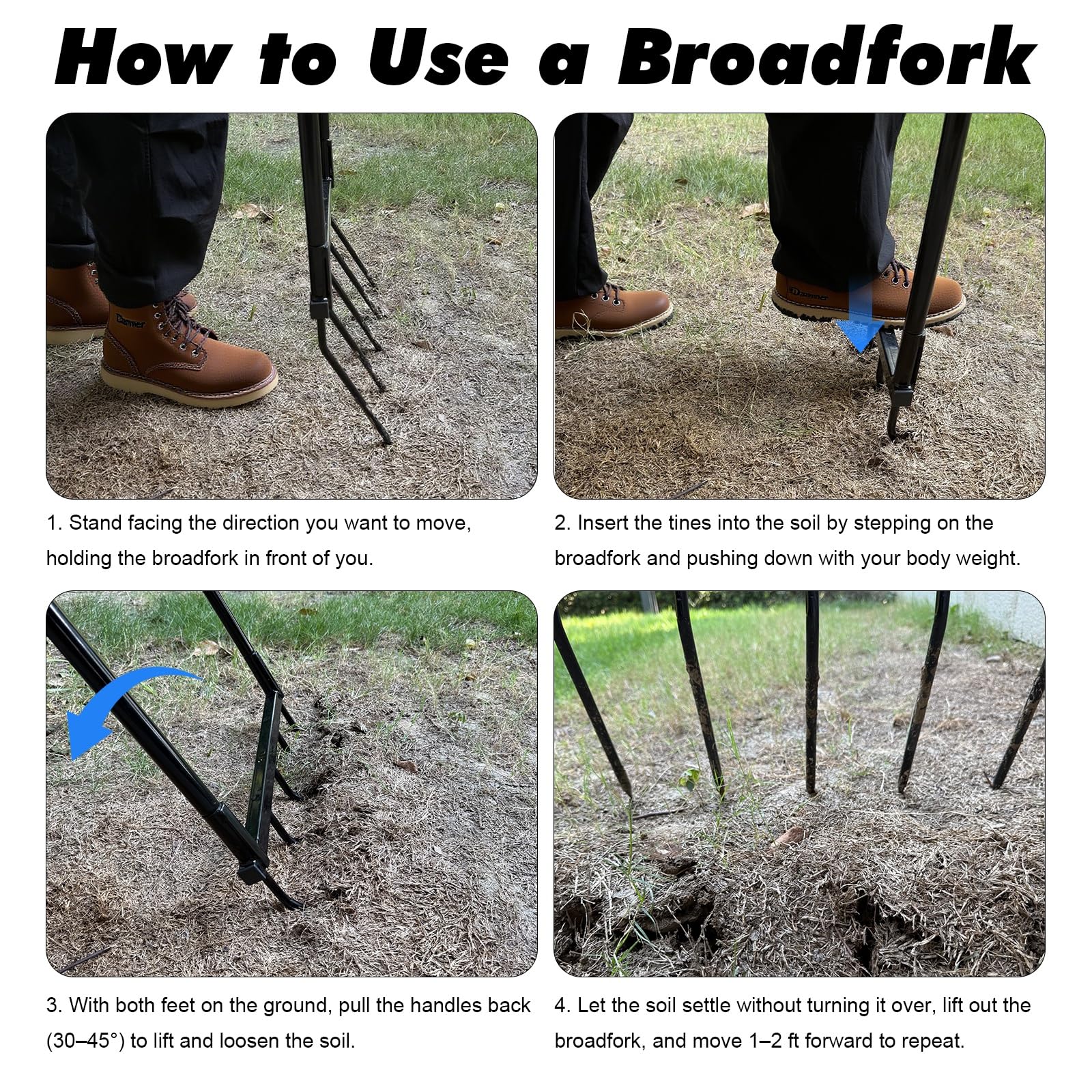 Powerber broadfork wide foot bar detail for easier leverage and reduced user strain