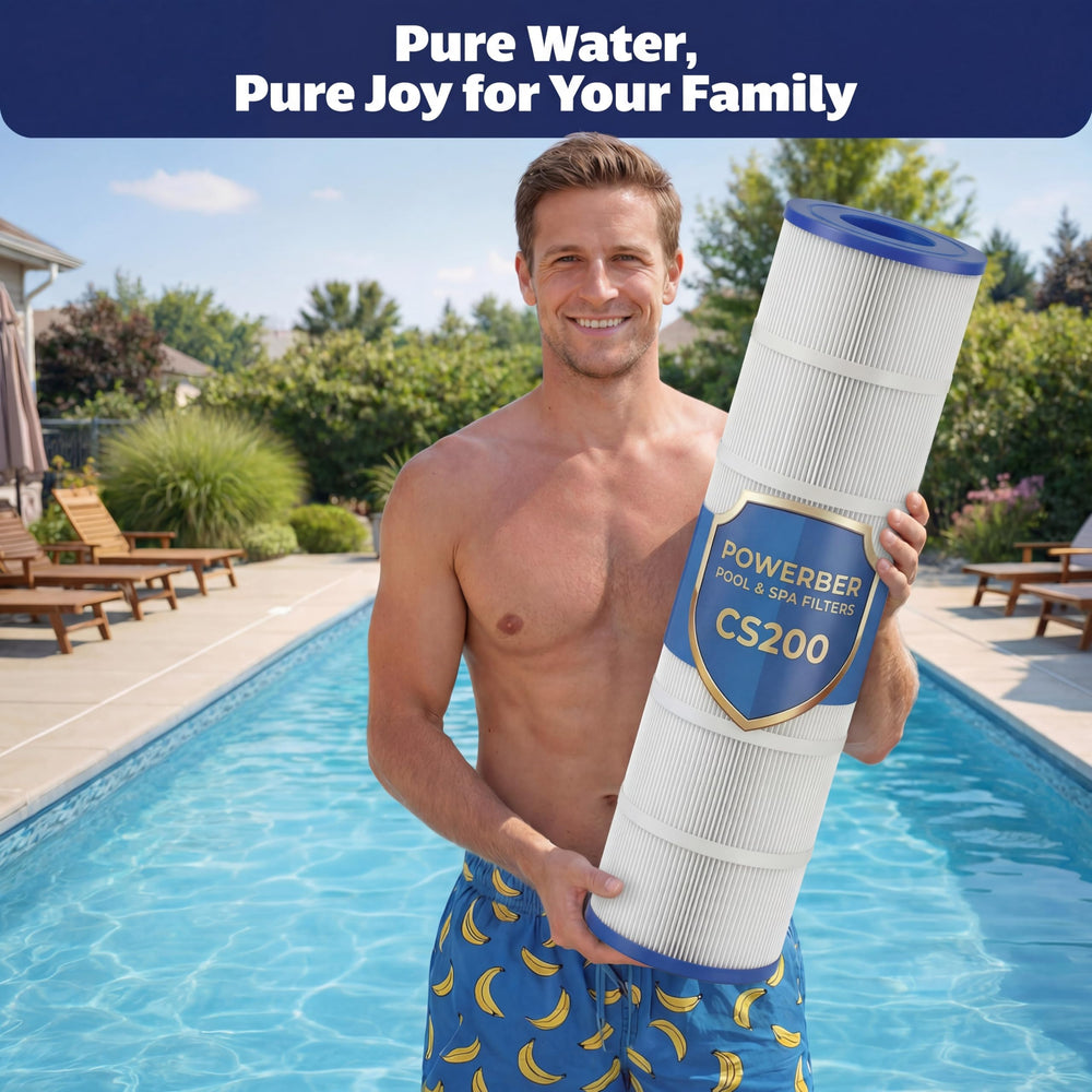 Powerber CS200 near pool in backyard conveying clearer water benefit