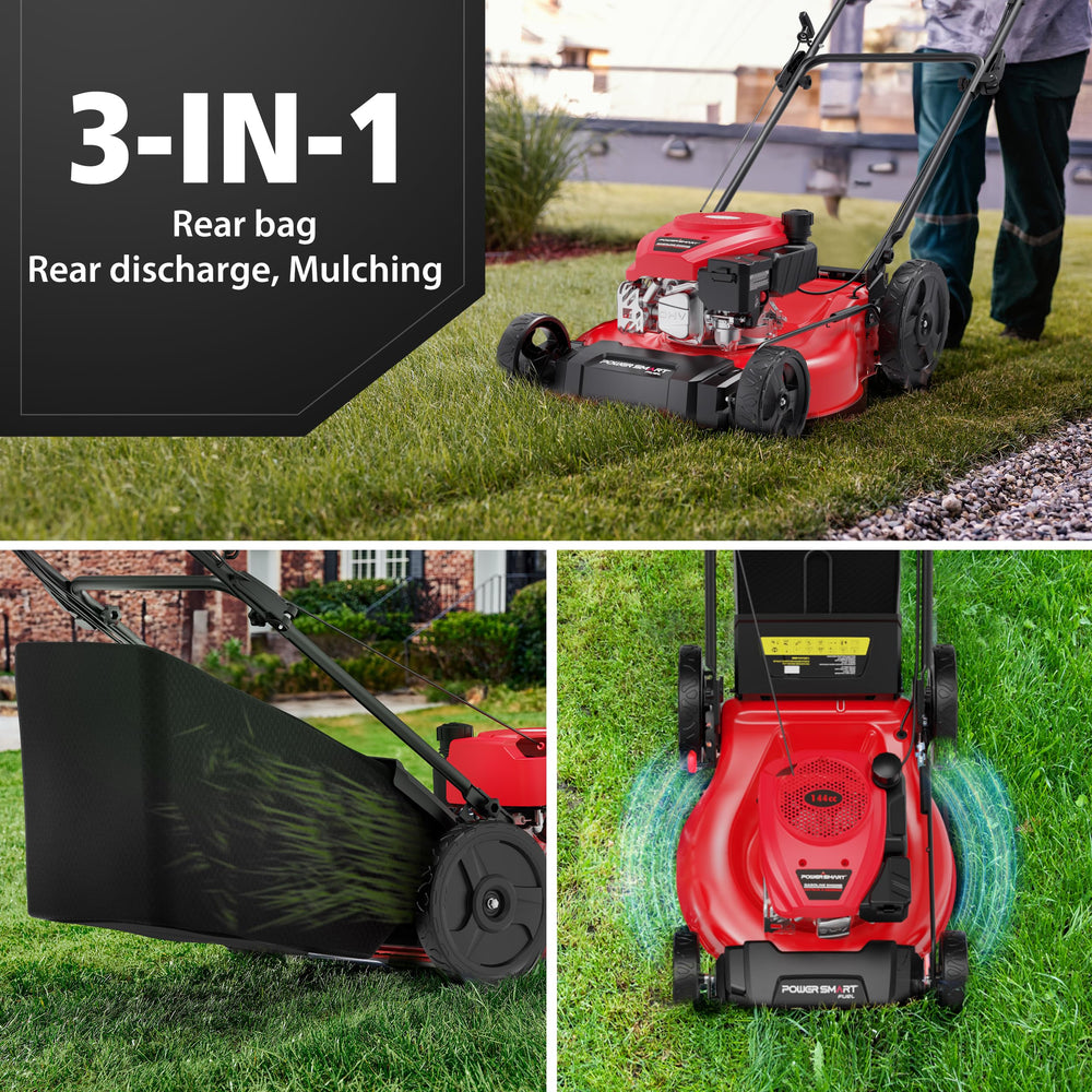 PowerSmart mower in use on lawn showing fast, even cutting result