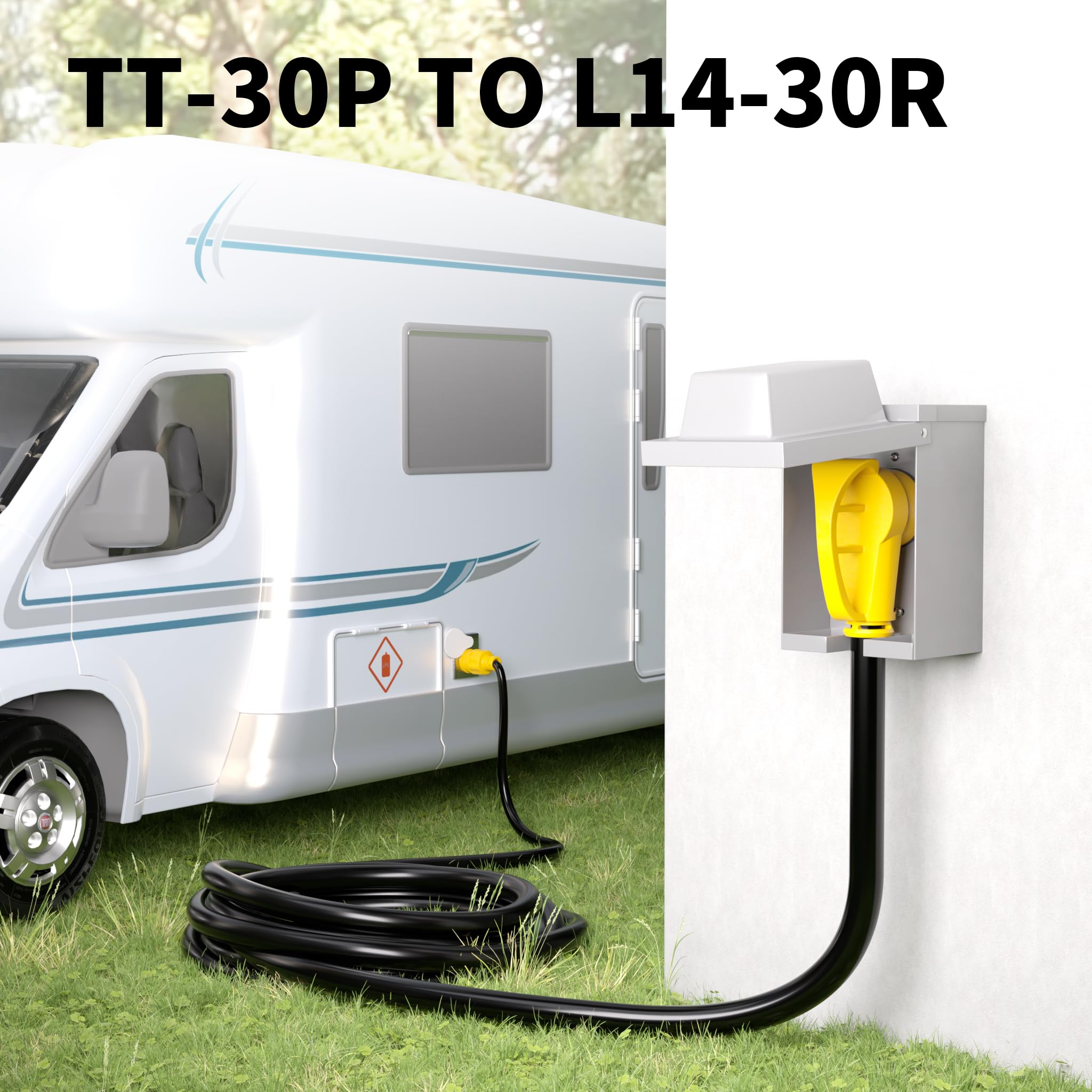 POWGRN in RV campsite scene showing tidy, reliable power hookup advantage