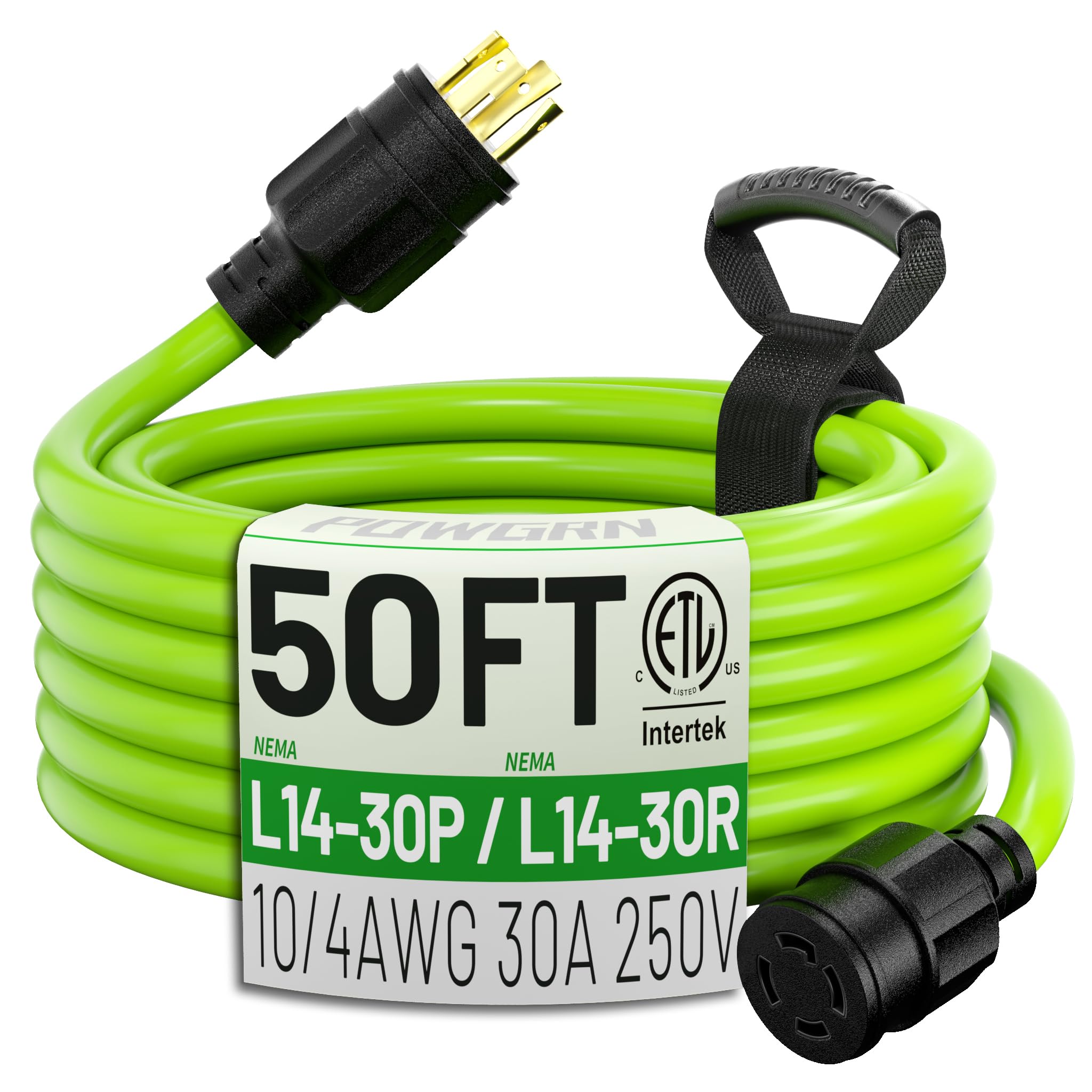 POWGRN front view showing L14-30 connectors and durable cable improving secure connections