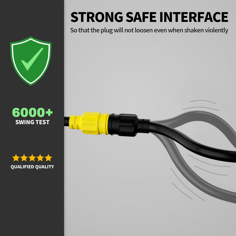 POWGRN cord connected to a generator demonstrating easy, secure power transfer