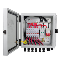 PowGrow front view metal combiner box showing durable enclosure and secure lock benefit