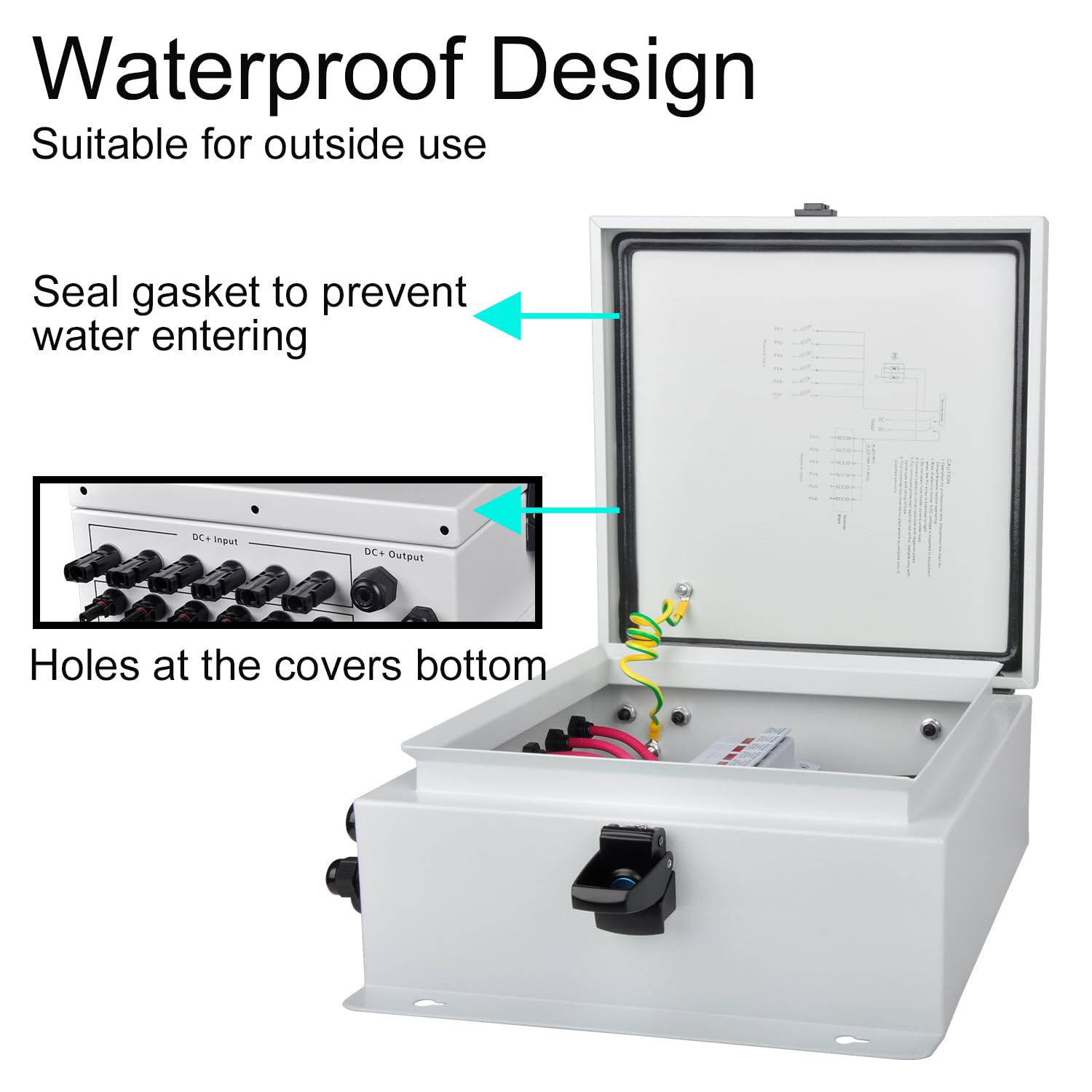 PowGrow lockable lid with gasket highlighting IP65 seal and tamper protection benefit
