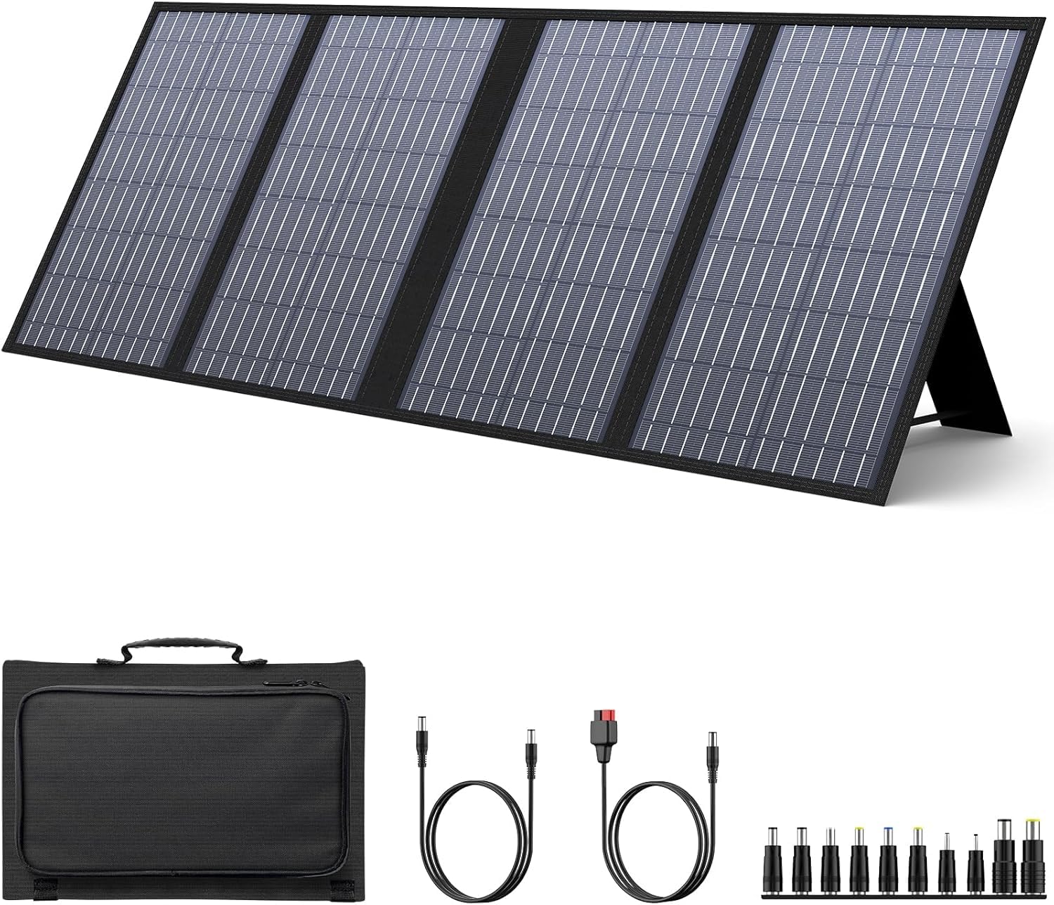 powkey front view of 60W foldable solar panel showing cells and brand for effective sunlight capture