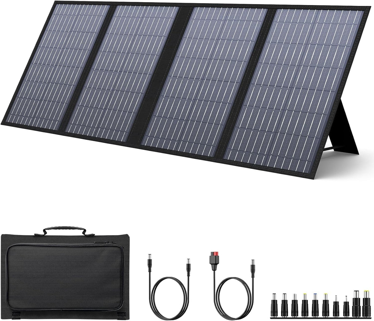 powkey front view of 60W foldable solar panel showing cells and brand for effective sunlight capture