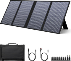 powkey front view of 60W foldable solar panel showing cells and brand for effective sunlight capture
