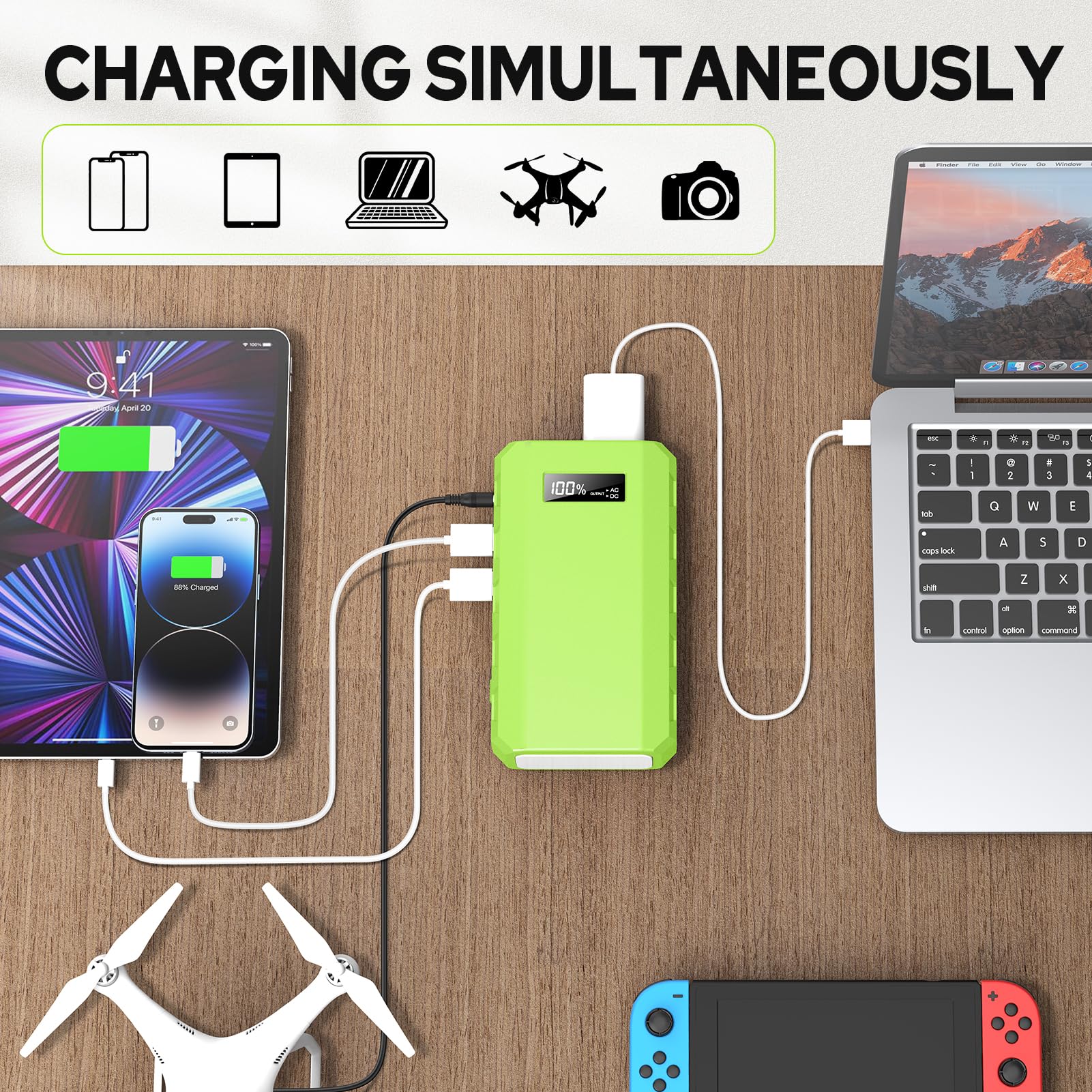 powkey closeup of 120V AC outlet providing laptop-compatible power