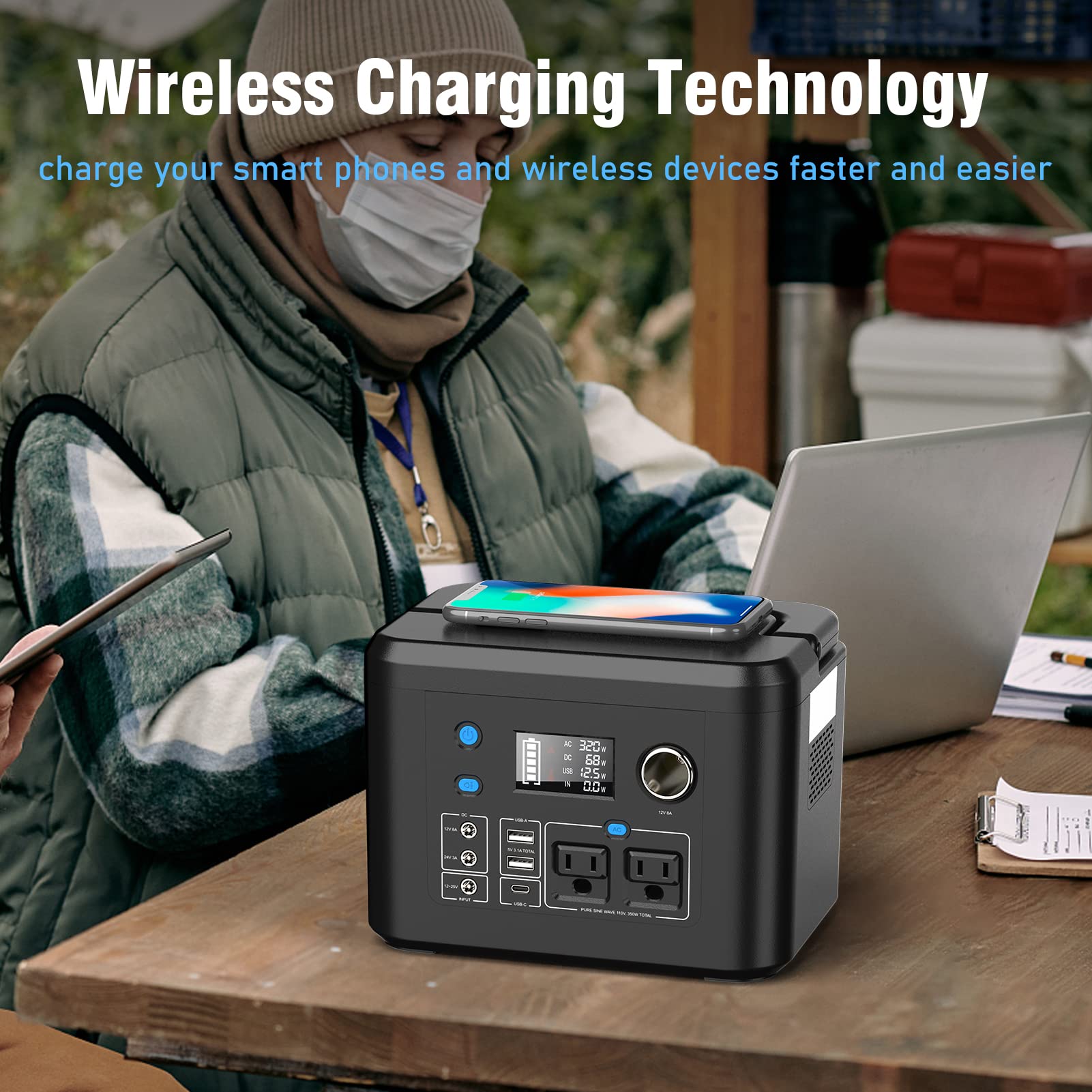 powkey powering lantern and laptop at campsite for reliable outdoor power