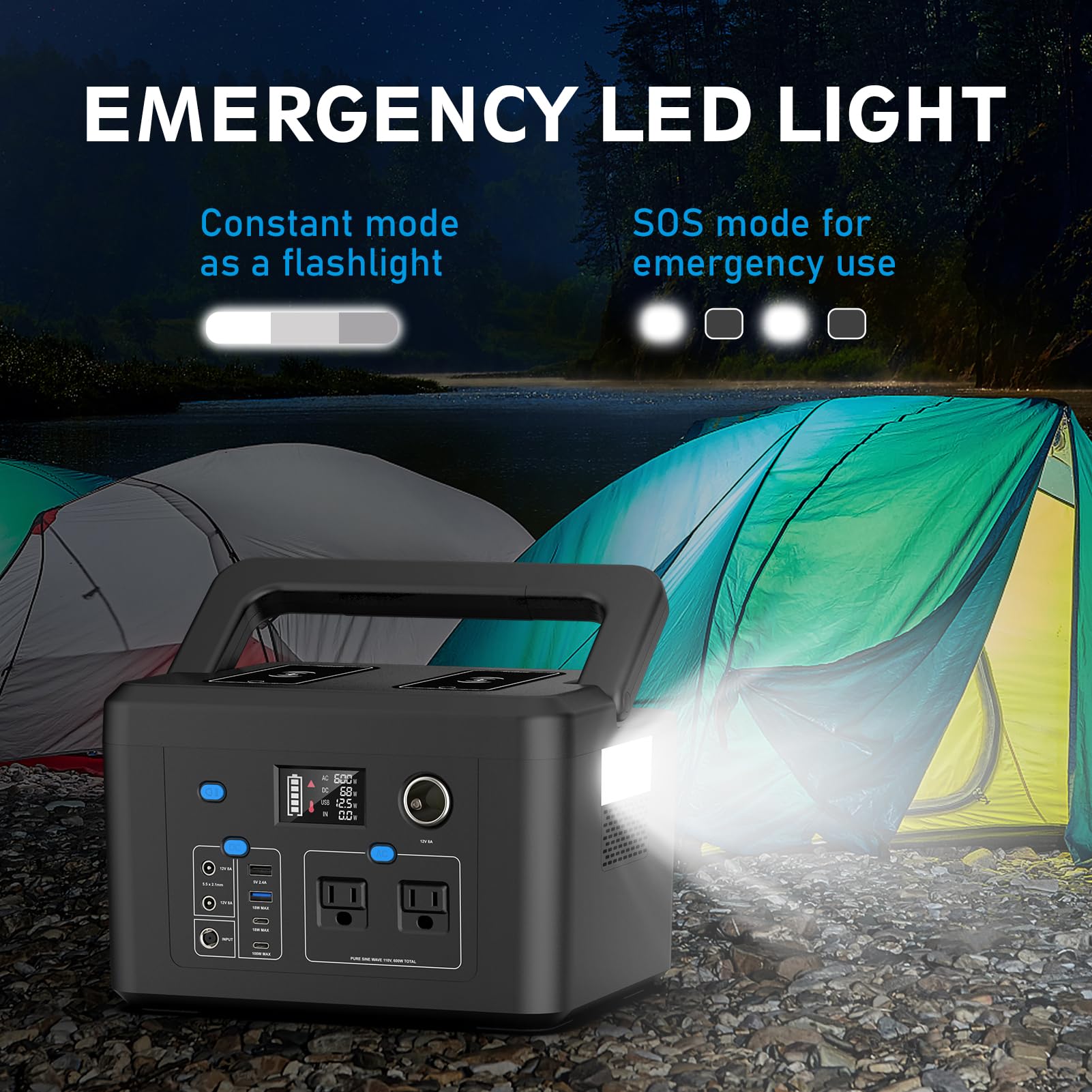powkey with AC adapter and car cable, ready for multiple recharge options