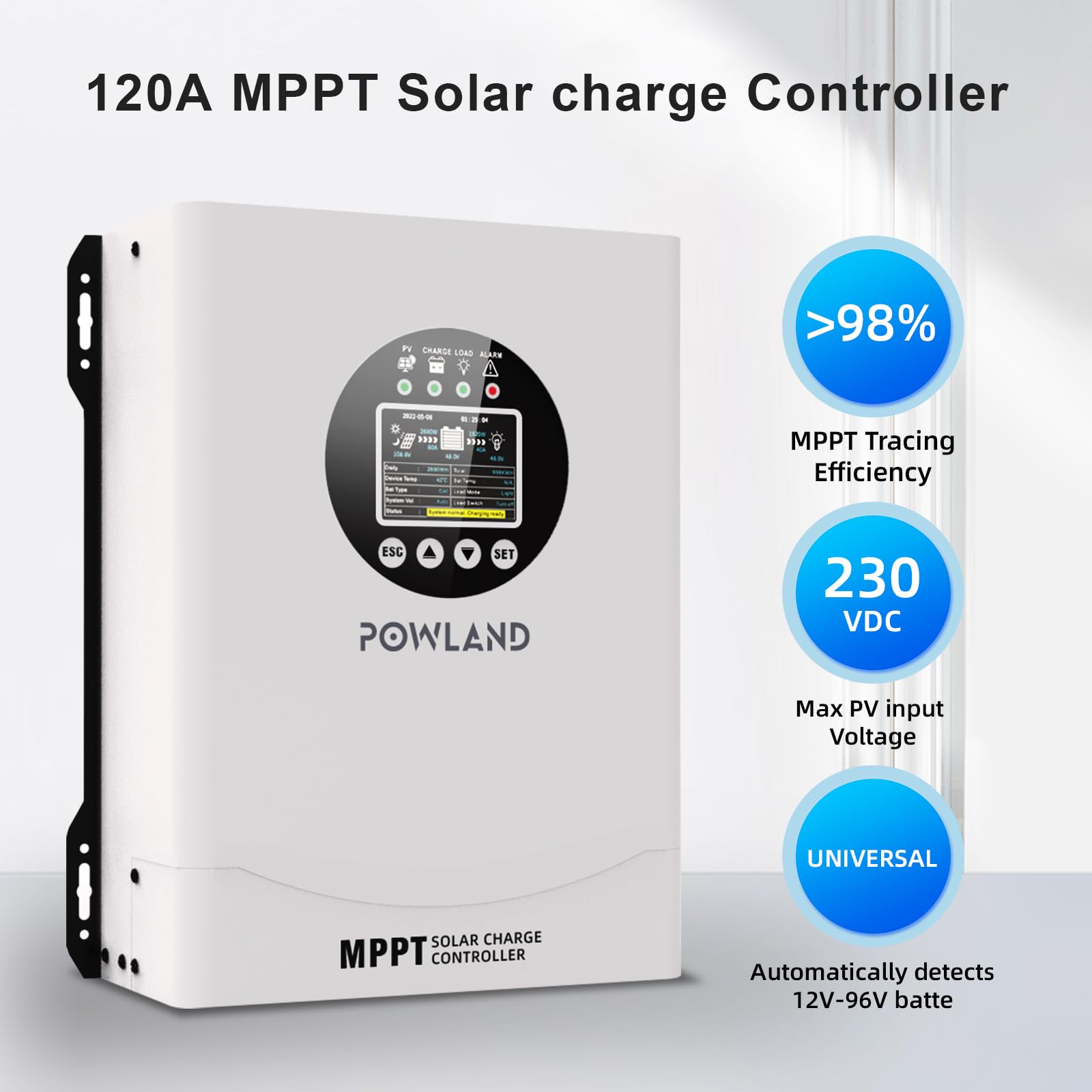 POWLAND close-up of LCD display with readable charging stats for fast system checks