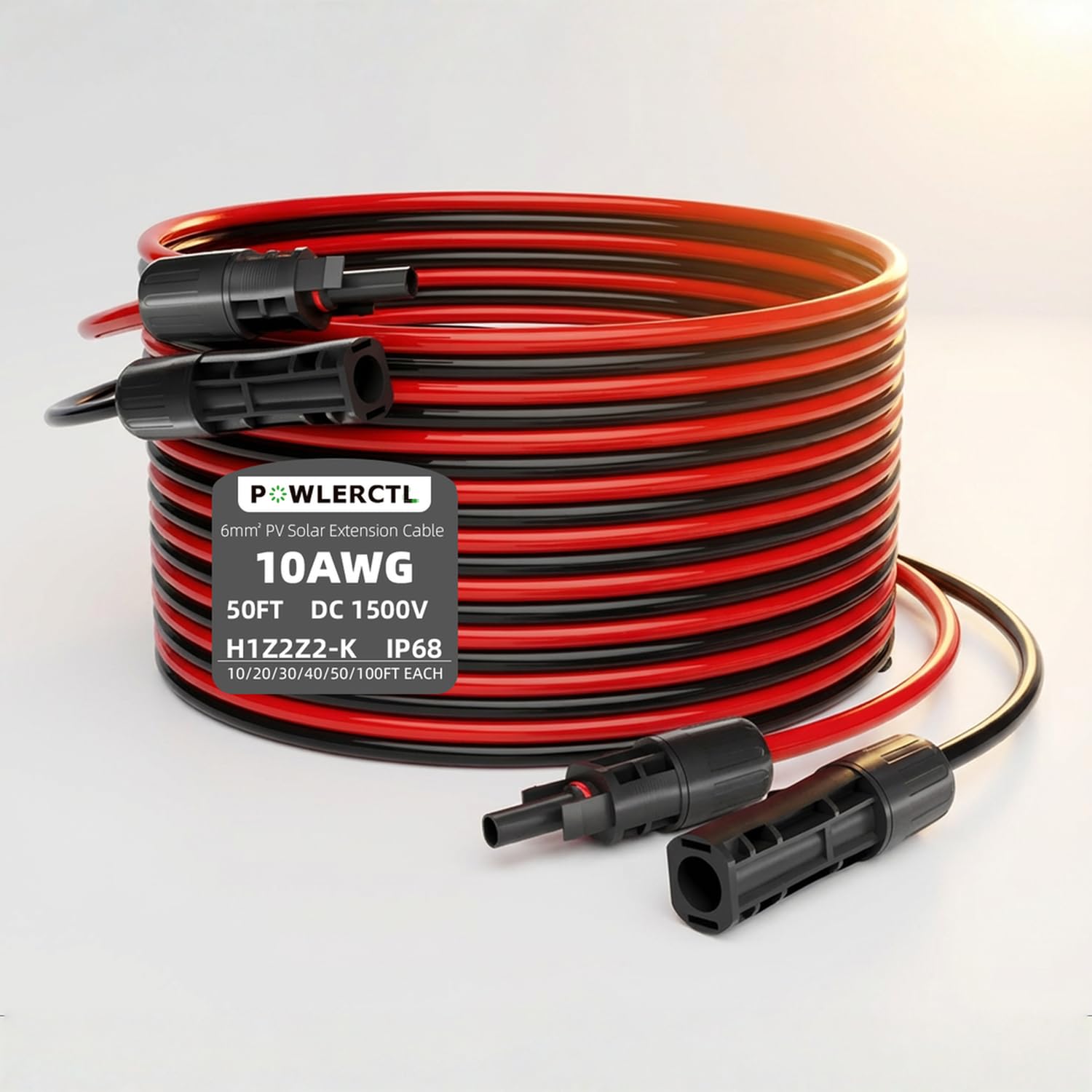 POWLERCTL front view of cable and MC4 connectors showing durable protection