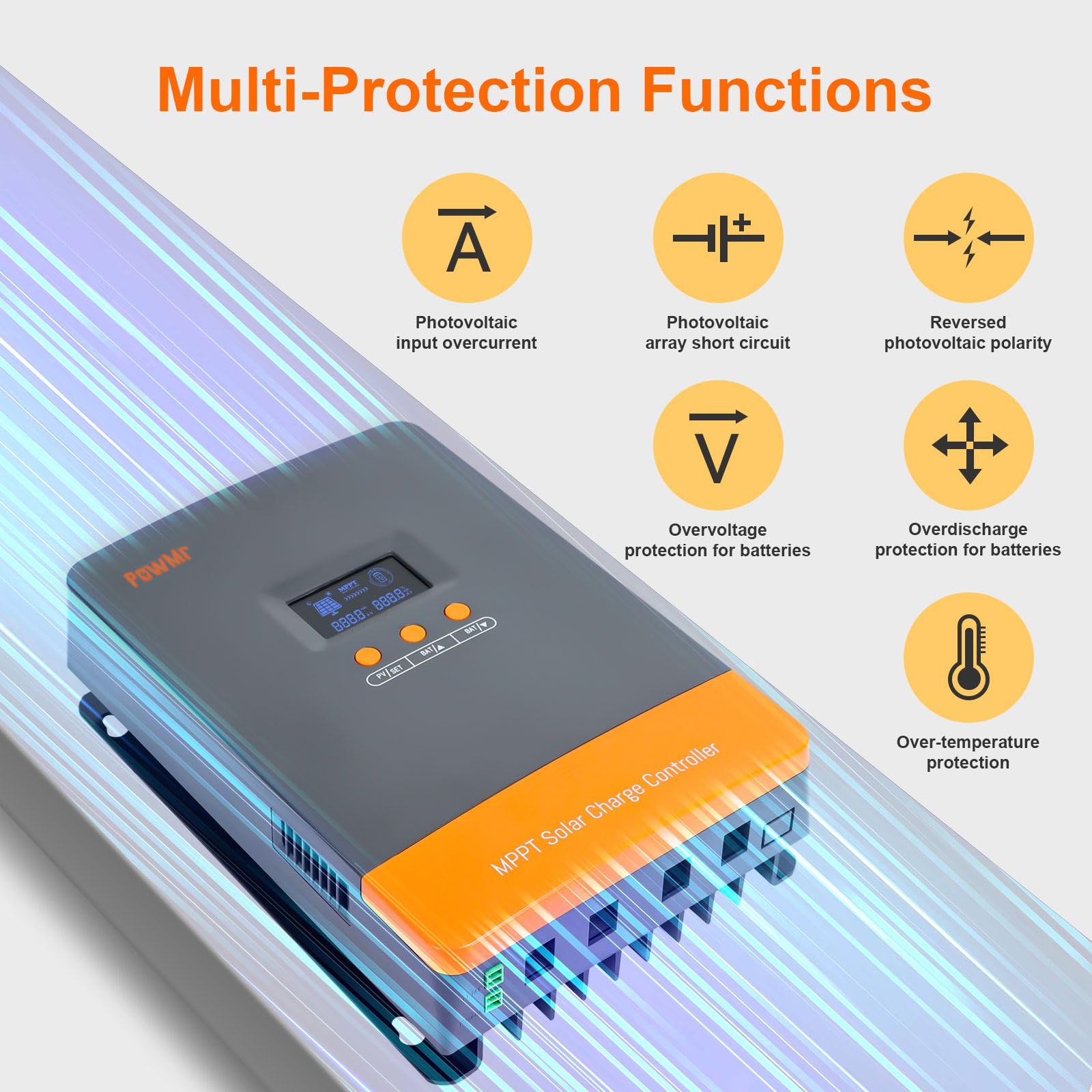 PowMr 100A LCD detail with active readouts enabling precise system configuration