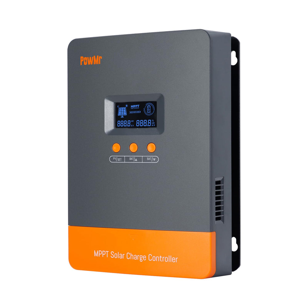 PowMr 100A front panel LCD showing status and settings for easy monitoring
