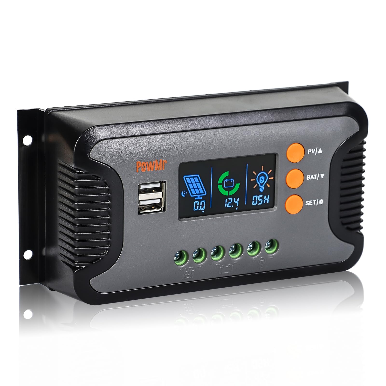 PowMr 30A controller front panel showing ports and LED indicators for easy monitoring