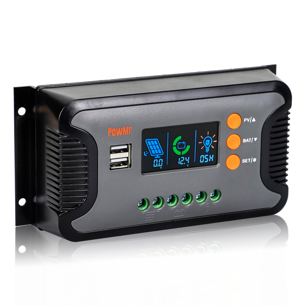 PowMr 30A controller front panel showing ports and LED indicators for easy monitoring