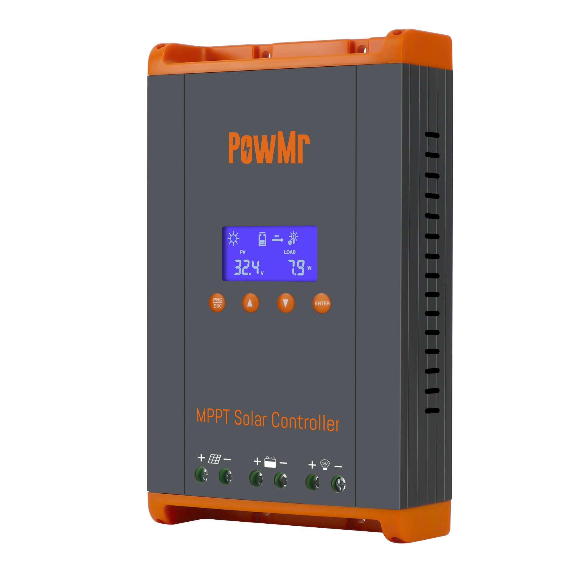 PowMr front panel LCD showing system readouts and benefits of clear monitoring
