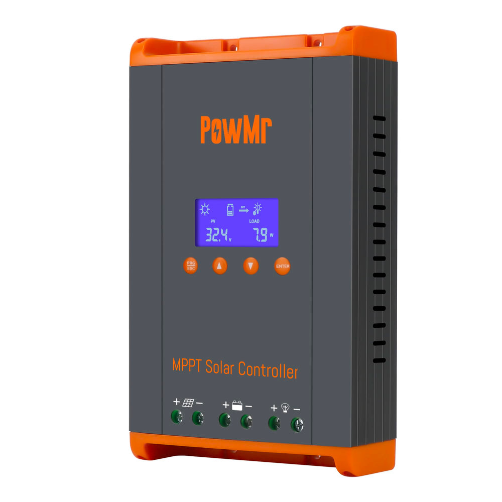 PowMr front panel LCD showing system readouts and benefits of clear monitoring