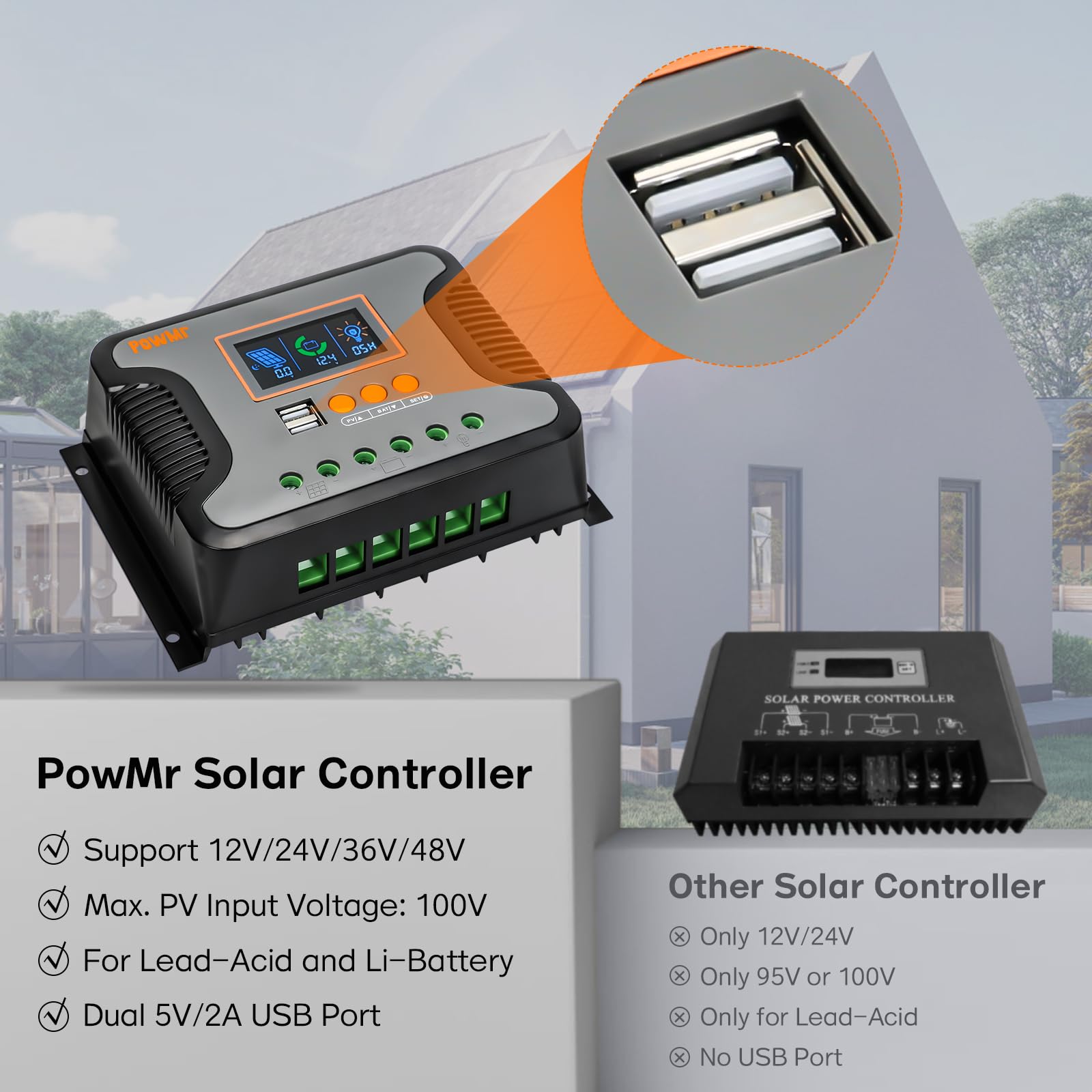 PowMr product label with specifications to confirm compatibility and ratings